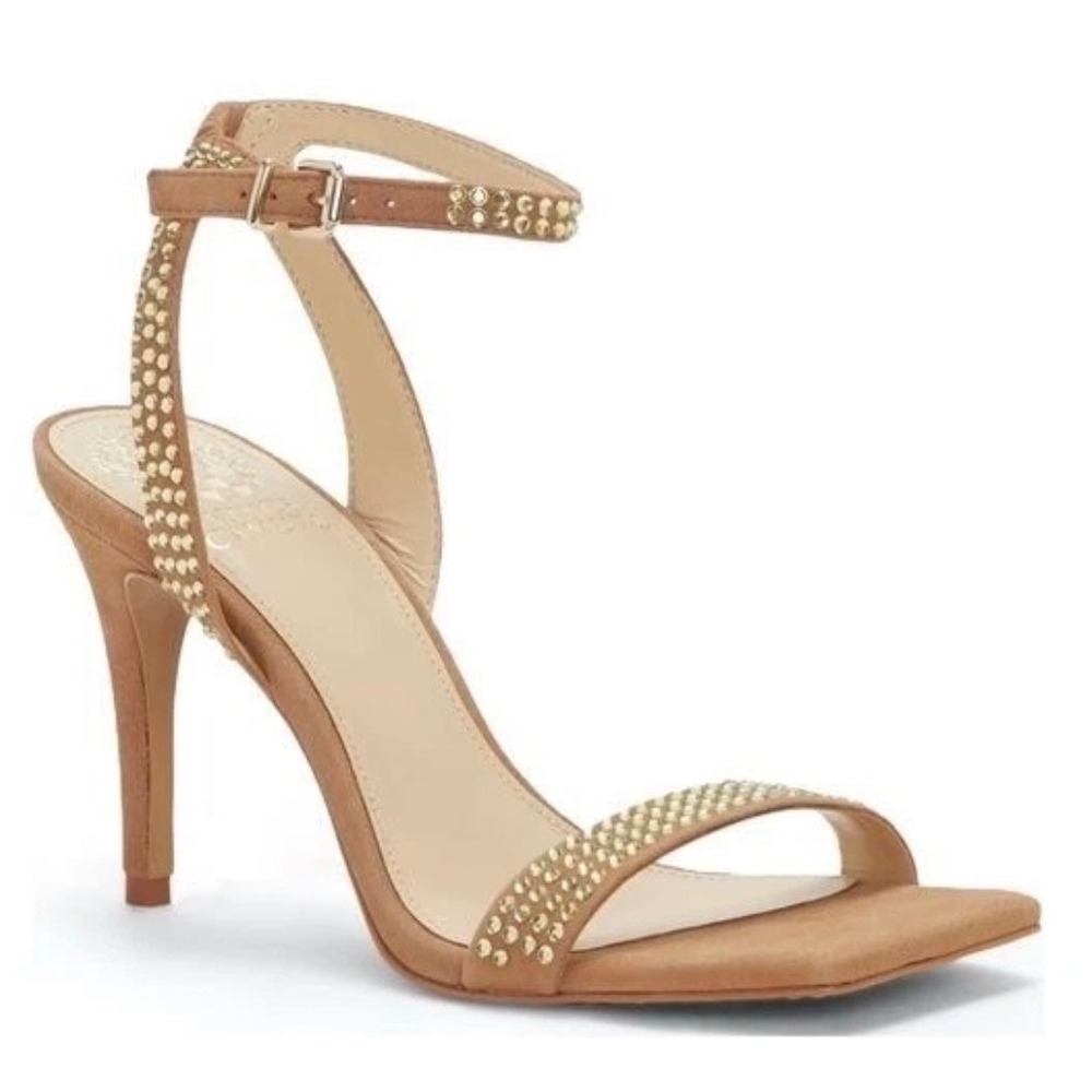 Vince Camuto Tan Suede Studded Square Toe‎ Ankle Strap Stiletto Heels Size 5M